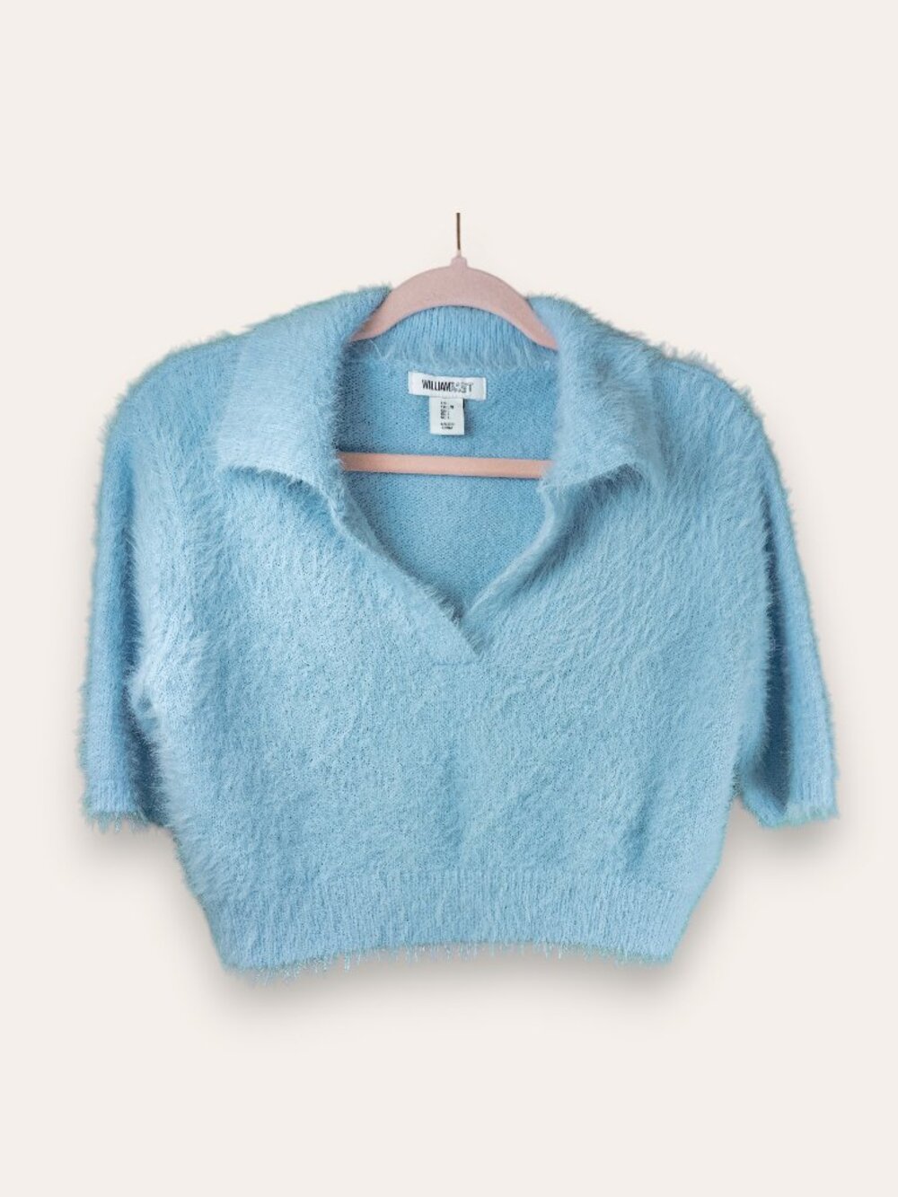William Rast Light Blue Fuzzy Knit Cropped Sweater Size L ✨ Notched Collar